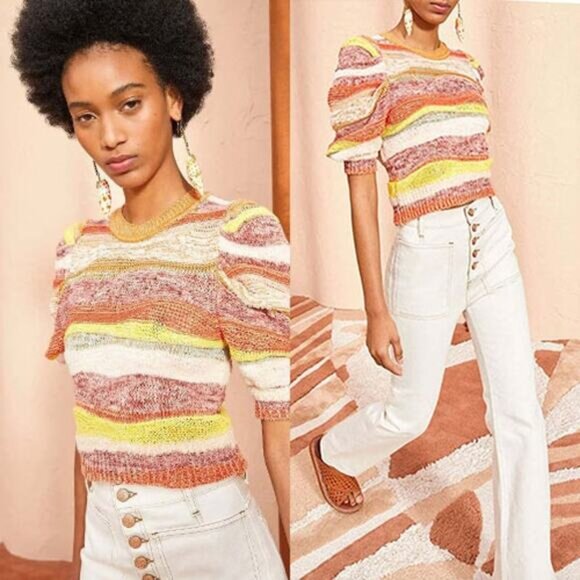 NEW Ulla Johnson Odie Striped Crochet Sweater Half Sleeve Top Size: P (XS) - Picture 1 of 7